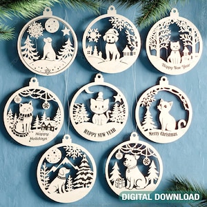 Tierliebhaber 3D Ornament Set - Weihnachtsbaumschmuck mit verschneiter Szene - Katze & Hund Laser Cut Digital Download |#509|