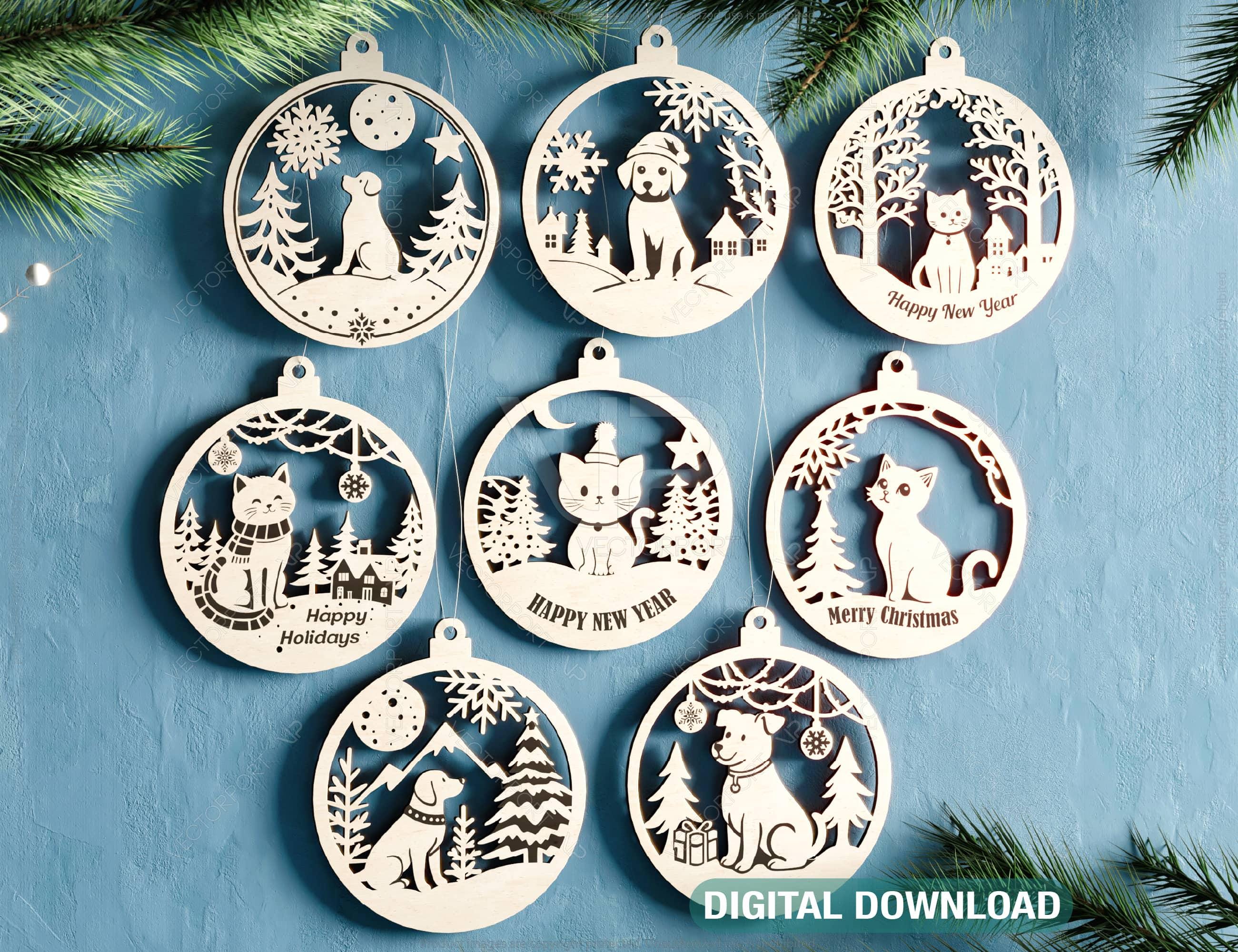 Pet Lovers New Year 3D Ornament Set - Christmas Tree Decorations with Snowy Scene - Kitty & Pup, Cat Dog Laser Cut Digital Download |#509|