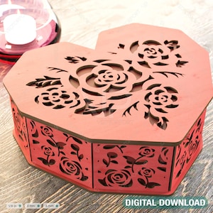 Caixa de presente de madeira em forma de coração Jóias modelo de caixa cortada a laser História de amor de casamento Download digital | SVG, DXF |#172|