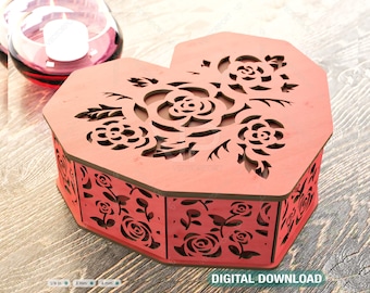 Caixa de presente de madeira em forma de coração Jóias modelo de caixa cortada a laser História de amor de casamento Download digital | SVG, DXF |#172|