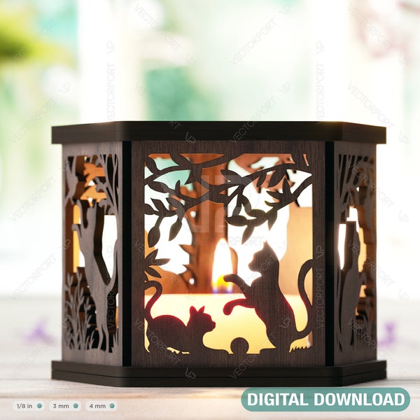 Cat Silhouette Lantern: Laser Cut Tealight Candle Holder Night Light Forest Scene Lantern Digital Download |#412|