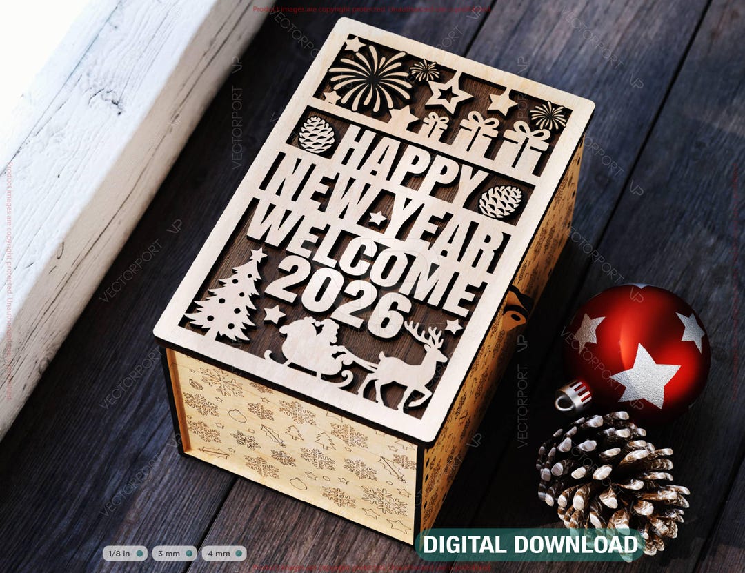 Wooden Christmas Gift Box 2026 Holiday Box With Happy New Year Lid Boxed Christmas Cards 2026
