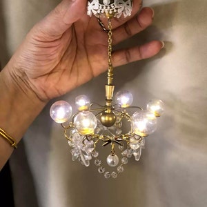 Doll House miniature luxury crystal ceiling chandelier, Handmade Crystal bowknot beads miniature lamp, Exquisite dollhouse light