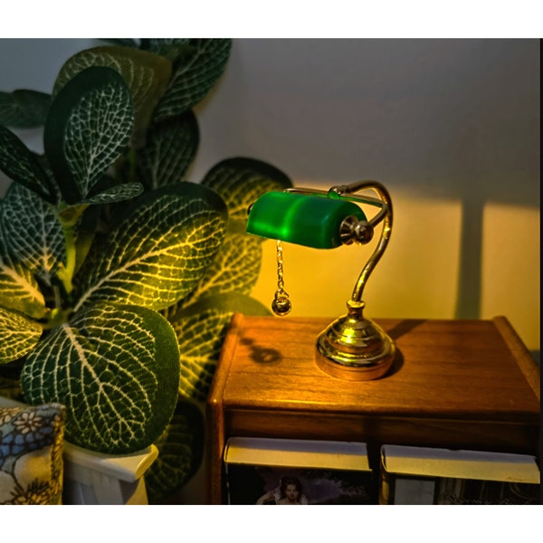 Handmade Dollhouse Miniature lamp, Vintage Green Table lamp for doll house, Miniature Solid Brass Bankers Lamp