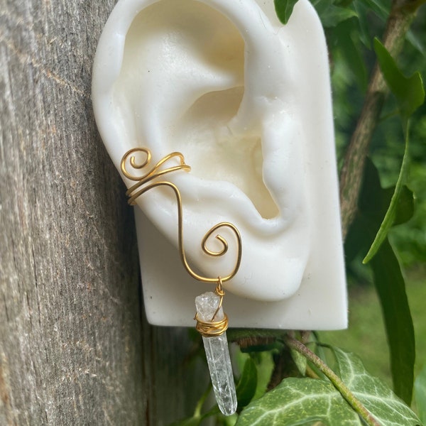 Gold and quartz dangle ear cuffs