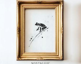 日本の墨絵カエルアートプリント - ミニマルな禅両生類イラスト、侘び