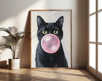 Chicle rosa de gato negro imprimible, póster divertido de gato negro, descarga instantánea de póster de gato negro, impresión artística de gato, póster de gato grande, arte de IA