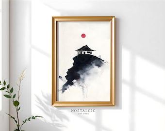 Sumi-e Ink Painting Japanese Rustic House, Japanese Watercolor Wall Art, Japanese Inspired Print, Japandi Minimalist Wall Art, AI art