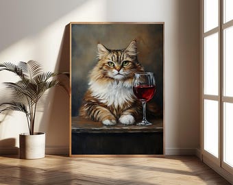 Cat Portrait with Red Wine Painting, Red Wine Glass and Cat Wall Art, Printable Cat Portrait Wall Print, AI art, Wine and Cat Art