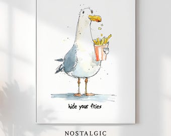 Arte de parede divertida para cozinha, pôster com frase engraçada sobre batatas fritas, pôster de gaivota para cozinha, decoração de parede com gaivota engraçada comendo batatas fritas, arte fofa de gaivota.