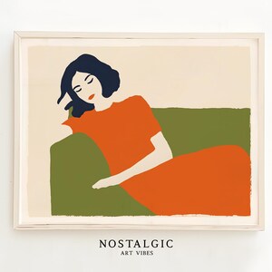 Digital Download, Woman Sleeping On Couch, Modern Illustration Art Print, Relaxing Lady on Sofa, Sleep Red Dress Sofa, Ai Art