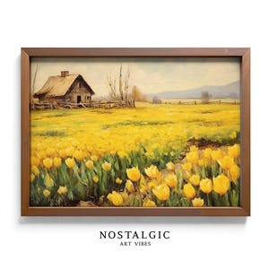 Digital Download, Vintage Tulip Field Printable Art, Rustic Farmhouse Wall Decor, Yellow Tulips Landscape Painting, Countryside Art, AI art
