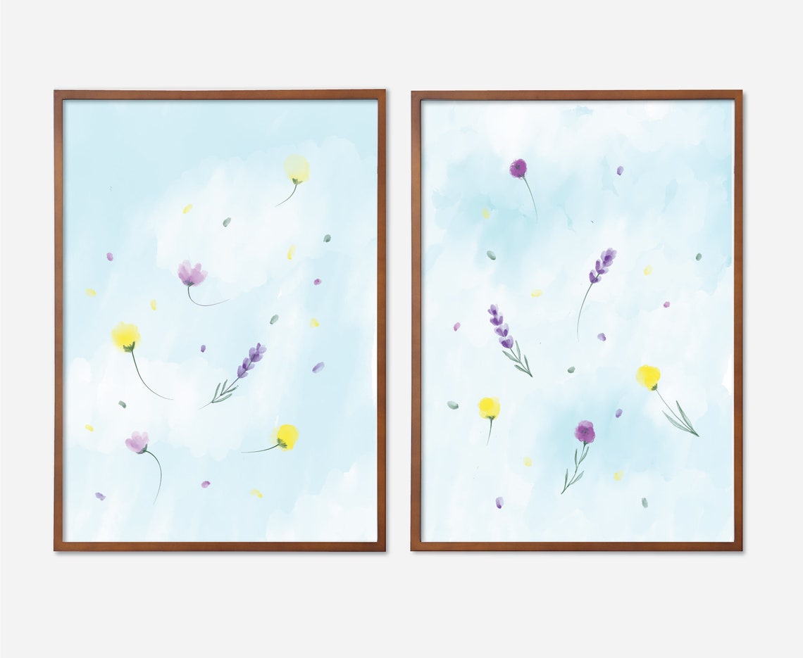 Printable Calming Bedroom Art Set of 3 Blue Sky With Flowers Etsy