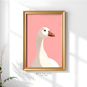 Stampa artistica da parete con oca, stampa artistica minimalista con animali, arredamento moderno in stile fattoria rosa, poster con uccelli stravaganti, illustrazione di un'oca rosa, arte Ai