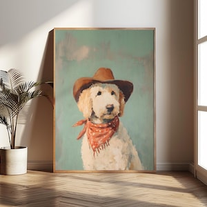 Pet Portrait Digital Download, Labradoodle Portrait, Cowboy Labradoodle  Painting, Cowboy Hat Portrait Art, Cute Labradoodl Painting, AI art