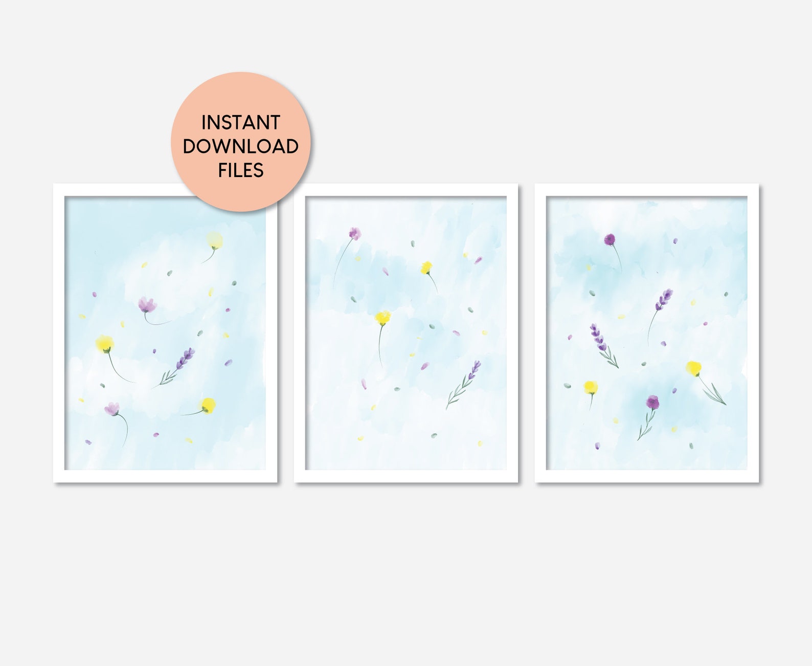 Printable Calming Bedroom Art Set of 3 Blue Sky With Flowers Etsy