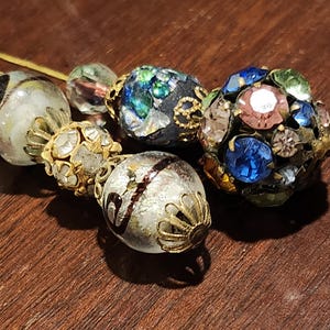 Lot Antique hat pins blown glass cabochan pearl ribbon celluloid Czech Hat Flash Pin: Red Beige Glass Art Deco (antique  main image 3