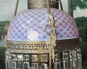 Antique Victorian Opalescent Hobnail Glass Hanging Parlor/Library Oil Lamp