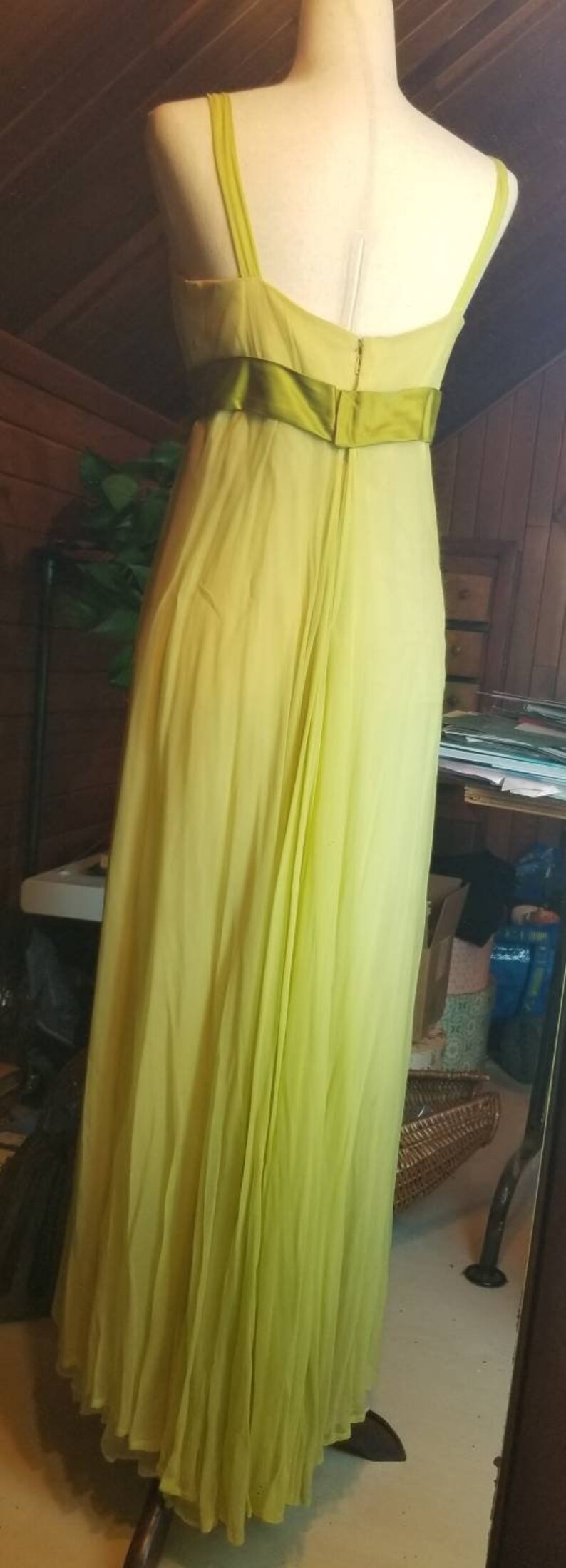 Vintage 1950's/1960's Silk Chiffon Light Lime Green Cream Formal Dress Prom image 3