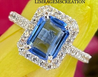 Emerald Cut Blue Gemstone Ring with Diamond CZ Halo, Art Deco Blue Sapphire Engagement Ring for Women, 14K White Gold Bridal Ring,