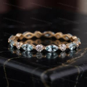 Marquise Aquamarine Wedding Band, Alternating Diamond Eternity Ring, 14k Gold Art Deco Stacking Band, Vintage Style Anniversary Gift for Her