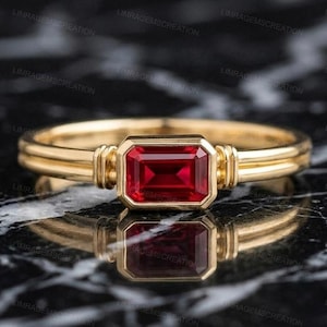 Anillo de rubí talla esmeralda en oro de 14 quilates, anillo de rubí con engaste de bisel de este a oeste, joyería minimalista con piedra natal de julio, anillo de piedra roja estilo art déco para ella.