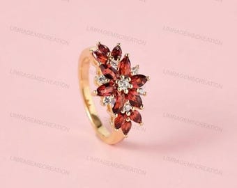 Garnet Engagement Ring, Nature Inspired Garnet Wedding Ring, Unique Gold Ring, Red Gemstone Statement Ring, Anniversary Gift For Her