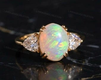 Oval Opal Engagement Ring, Three Stone Opal Ring with Pear Diamonds, Gold October Birthstone Ring, Vintage Gemstone Promise Ring for Her
