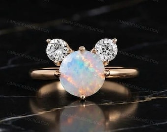 Cute Opal Mickey Ring Gold, Bear Ears Opal Engagement Ring, Round Opal Moissanite Promise Ring for Women, October Birthstone Gift for Her