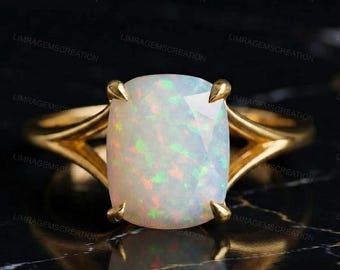 Cushion Cut Opal Engagement Ring, Natural Ethiopian Opal Ring, Split Shank Solitaire Ring, 14k Gold Opal Jewelry, October Birthstone Gift