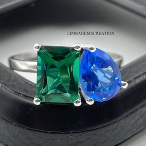 Bague Toi Et Moi - Bague Émeraude et Tanzanite - Bague Double Pierre - Bague de Fiançailles - Bague Unique Poire - Bague Saint-Valentin - Bague Vintage - Cadeau de Promesse