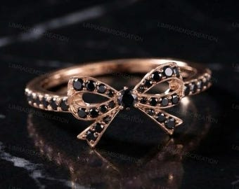 Black Diamond Bow Ring, Rose Gold Ribbon Knot Ring, Black Spinel Stacking Ring, Coquette Bow Jewelry, Cute Gothic Promise Ring Gift