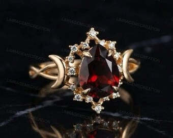 Pear Cut Garnet Crescent Moon Engagement Ring, Celestial Red Gemstone Starburst Ring, Gothic Witchy Bridal Jewelry, Unique Gift for Her