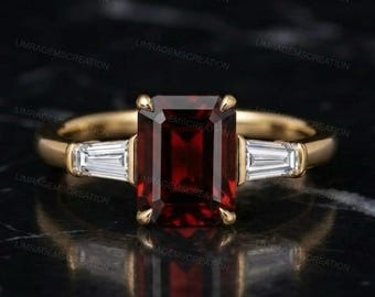 Emerald Cut Red Garnet Engagement Ring 14K Gold Three Stone Ring Baguette Cut Side Diamond Ring Vintage Art Deco Anniversary Ring For Women