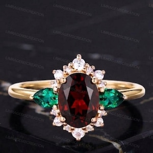 Oval Garnet Engagement Ring, Vintage Cluster Ring with Green Emerald Accents, 14k Yellow Gold Ruby Red Gemstone Ring, Unique Women Jewelry