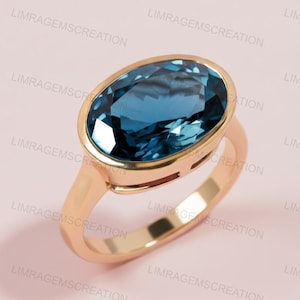 London Blue Topaz Ring, Oval Cut Blue Gemstone Ring in 14K Gold, Bezel Set Statement Ring for Women Unique Anniversary Gift Handmade Jewelry
