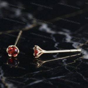 Red Garnet Stud Earrings Gold, Dainty Crown Setting Studs, Tiny Gemstone Earrings, January Birthstone Gift, Minimalist Daily Wear Jewelry