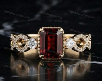 Emerald Cut Red Garnet Engagement Ring Yellow Gold Bezel Milgrain Ring Vintage Art Deco Infinity Band Ring Ruby Red Gemstone Promise Ring