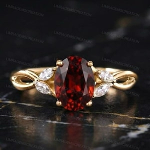 Oval Red Garnet Engagement Ring Vintage Oval Ruby Ring with Marquise Diamond Accents Twist Band Promise Ring January Birthstone Gift for Her