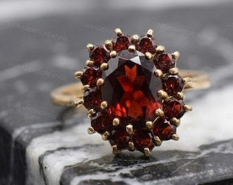 Vintage Bohemian Garnet Cluster Ring, Garnet Halo Statement Ring Gold, Antique Victorian Style Cocktail Ring January Birthstone Gift for Her