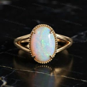 Oval Opal Engagement Ring Gold, Vintage Opal Ring for Women, Dainty Split Shank Gemstone Promise Ring, October Birthstone Gift for Her