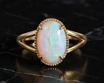 Oval Opal Engagement Ring Gold, Vintage Opal Ring for Women, Dainty Split Shank Gemstone Promise Ring, October Birthstone Gift for Her