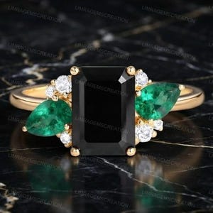 Black Onyx Engagement Ring, Emerald Side Stone Ring, Rectangular Black Gemstone Ring, Unique Three Stone Ring, Gold Alternative Bridal Ring