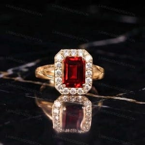 14K Gold Ruby Halo Ring, Emerald Cut Red Garnet Engagement Ring, Vintage Art Deco Statement Ring for Women, July Birthstone Gift for Her