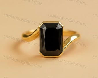Art Deco Emerald Cut Black Onyx Engagement Ring, Vintage 14k Yellow Gold Ring, Bezel Band Unique Ring, Anniversary Promise Ring, Mom Gift