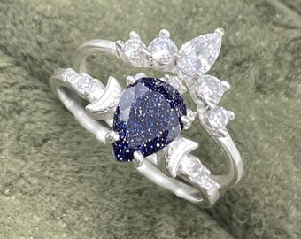 Pear Blue Goldstone Engagement Ring Set, Sunburst Crown Wedding Band, Celestial Starry Night Ring, Blue Sandstone Bridal Set, Galaxy Jewelry