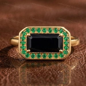 Black Onyx and Emerald Halo Ring, Art Deco Statement Ring, Rectangular Gemstone Gold Jewelry, Vintage Inspired Ring, Gift for Her,