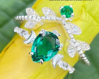 Vintage Style Lab Emerald Ring Set Elegant Moon Engagement Ring Set Art Deco Green Round Ring Birthstone Gift Anniversary Promise Ring Set