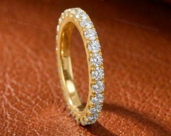 Gold Eternity Band for Women, Round Cut Moissanite Wedding Ring, Minimalist Dainty Stacking Band, Anniversary Gift for Her, 14k Gold Jewelry