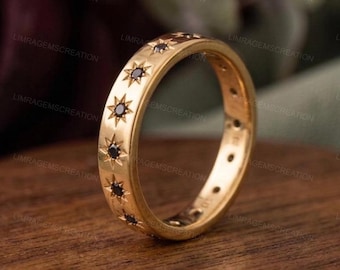 14K Gold Starburst Wedding Band, Celestial Star Engraved Ring with Black Diamonds, Dainty Stackable Star Band for Women Gothic Eternity Ring
